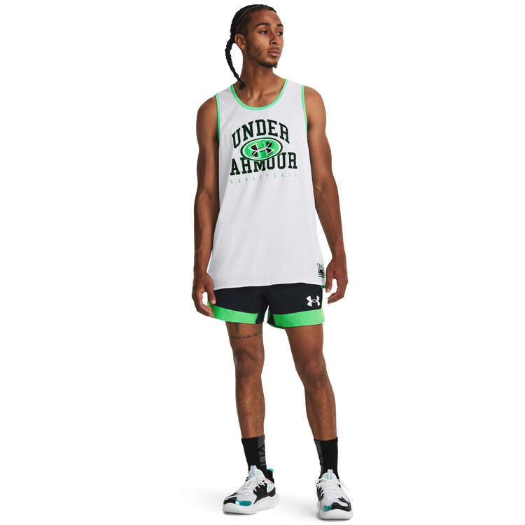 Under Armour Mens Baseline Hoop Basketball Shorts, Black/Green, rebel_hi-res