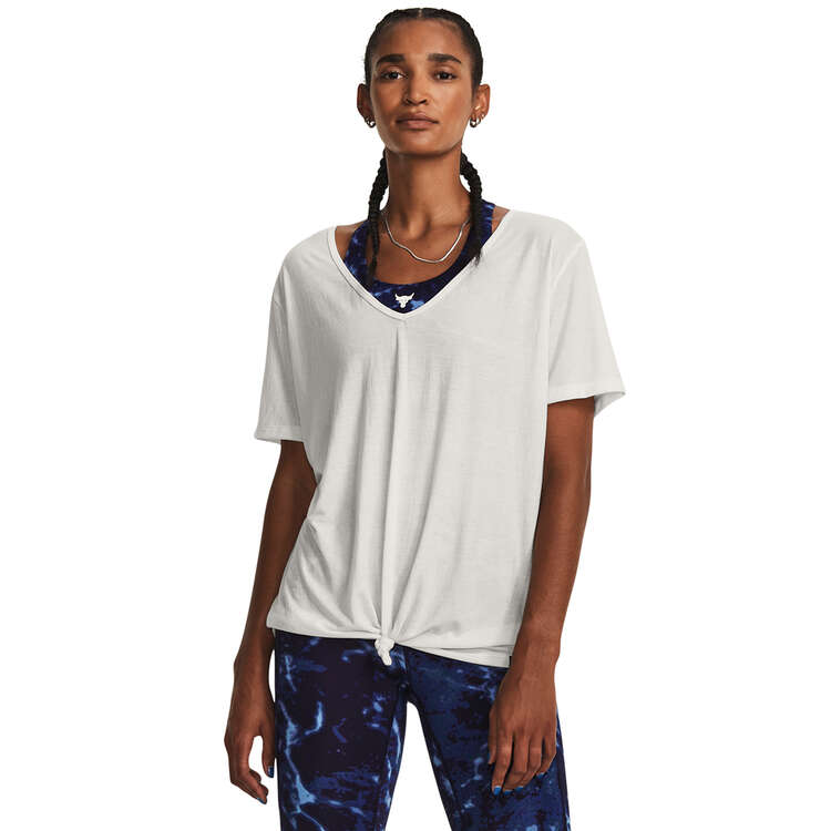 Under Armour Womens Project Rock Completer Deep V Tee, White, rebel_hi-res