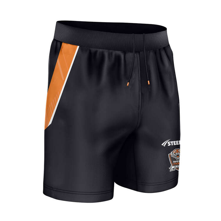 Wests Tigers 2024 Mens Training Shorts, Black/Orange, rebel_hi-res