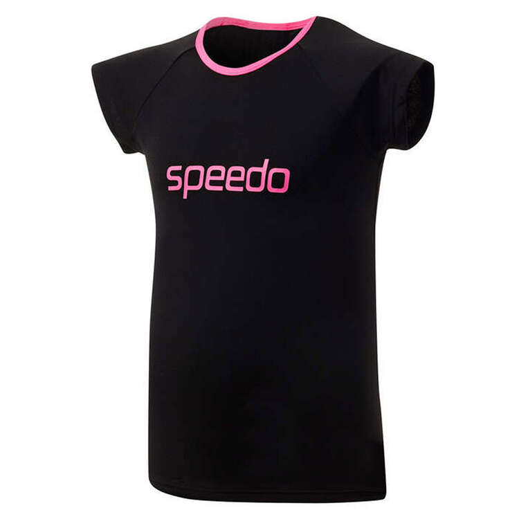 Speedo Girls Cap Sleeve Sun Top, Black/Pink, rebel_hi-res