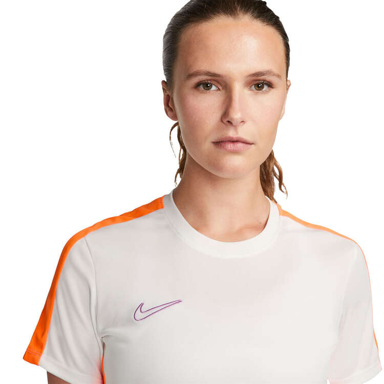 Nike Womens Dri-FIT Academy 23 Short-Sleeve Soccer Top, White/Orange, rebel_hi-res