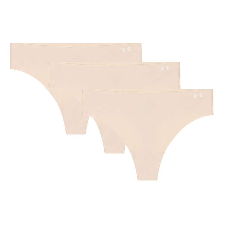 Under Armour Womens UA Pure Stretch Seamless Thong Briefs 3 Pack, Beige, rebel_hi-res