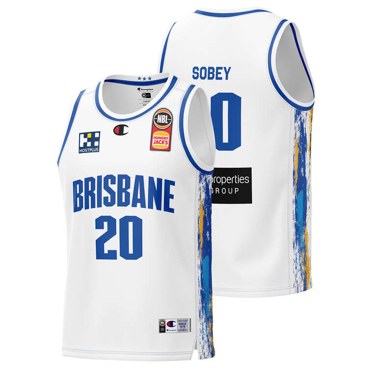 Champion Mens Brisbane Bullets Nathan Sobey 2023/24 Away Basketball Jersey White M, White, rebel_hi-res