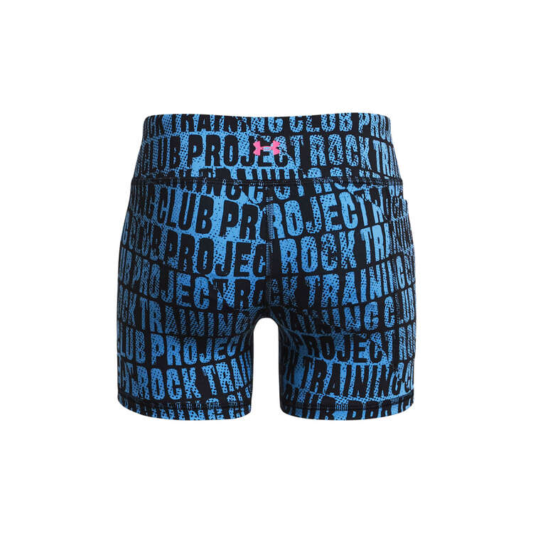 Under Armour Girls Project Rock Middy Printed Short Tights, Black/Blue, rebel_hi-res