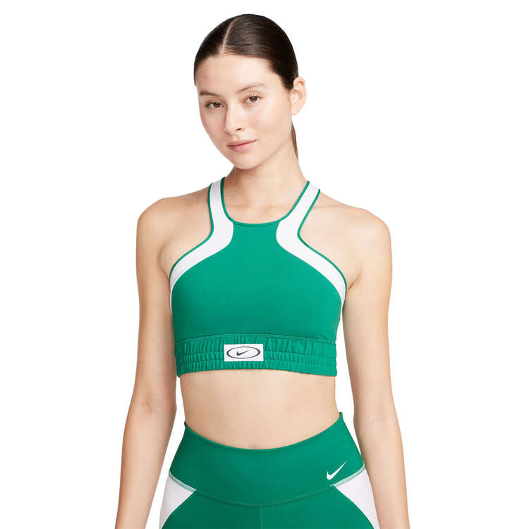Nike Womens High-Neck Colourblock Lightly-Lined Sports Bra, Green, rebel_hi-res