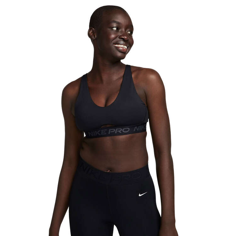 Nike Pro Womens Indy Plunge Medium Support Padded Sports Bra Black XS, Black, rebel_hi-res