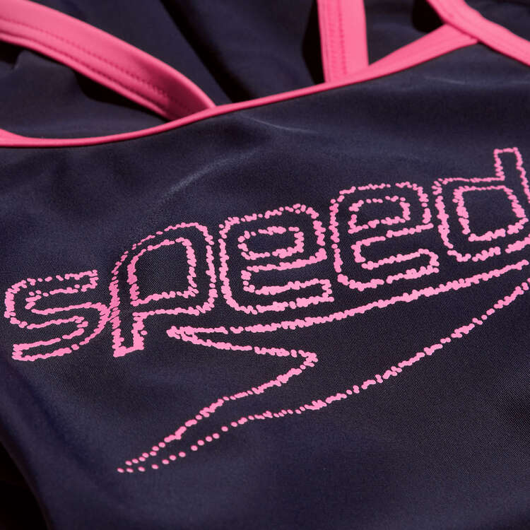Speedo Girls Logo Thinstrap Muscleback One Piece Swimsuit, Navy, rebel_hi-res