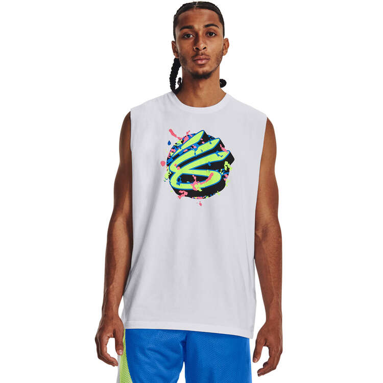 Under Armour Mens Curry Sleeveless Tee, White/Black, rebel_hi-res