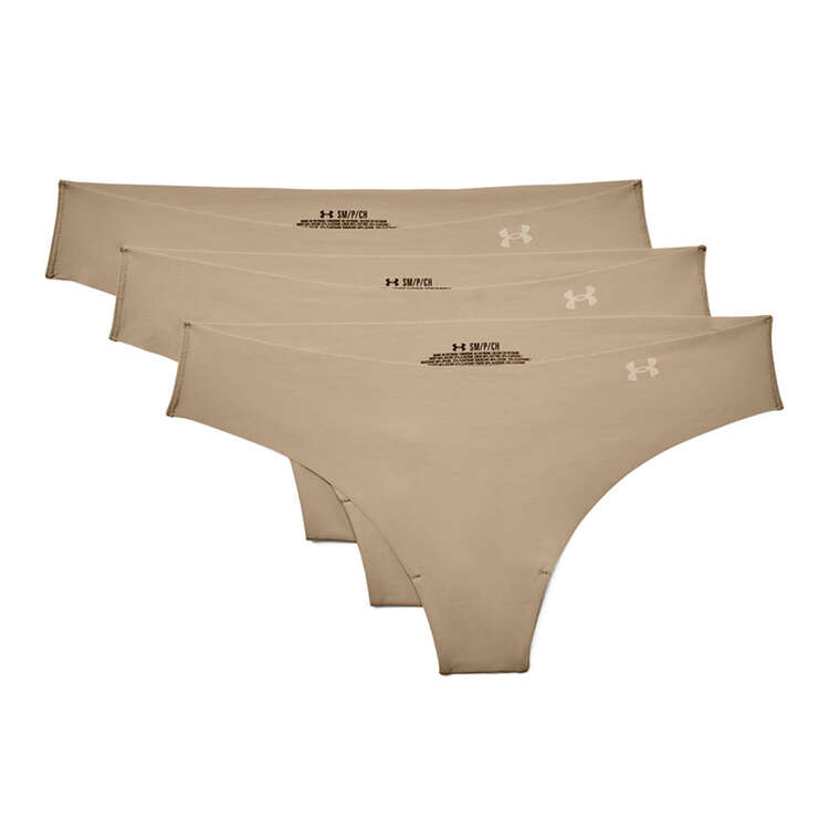 Under Armour Womens Pure Stretch Thong Briefs 3 Pack Brown XS, Brown, rebel_hi-res