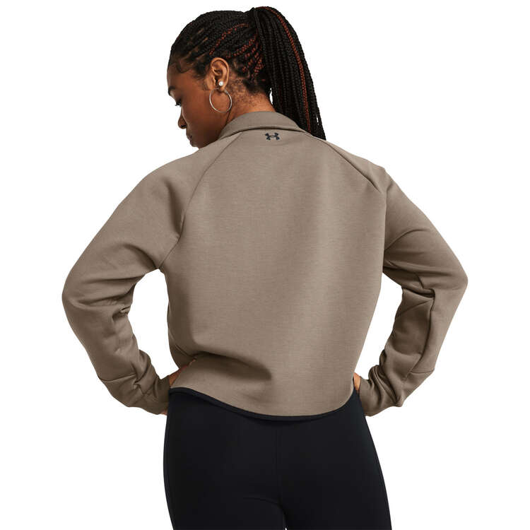 Under Armour Womens Unstoppable Fleece Rugby Crop Sweatshirt, Taupe, rebel_hi-res
