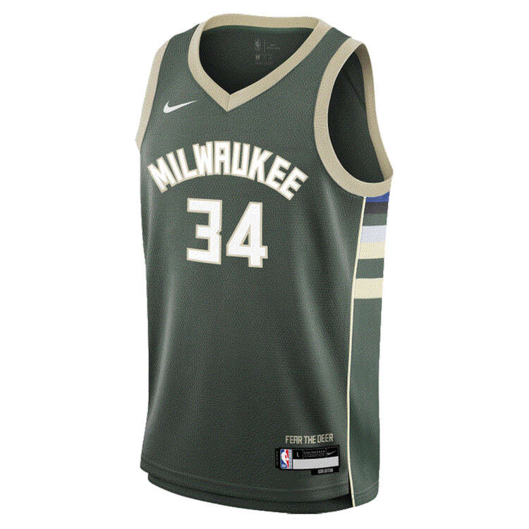 Nike Youth Milwaukee Bucks Giannis Antetokounmpo 2023/24 Icon Basketball Jersey Green S, Green, rebel_hi-res